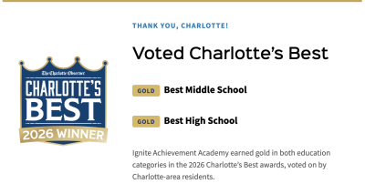 Ignite Achievement Academy Voted Best Middle School and Best High School in Charlotte
